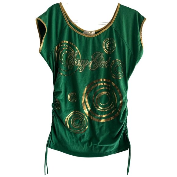 Unbranded Size Large Sexy Girl Top Gold Swirl Design Side Drawstrings Green - Picture 3 of 11